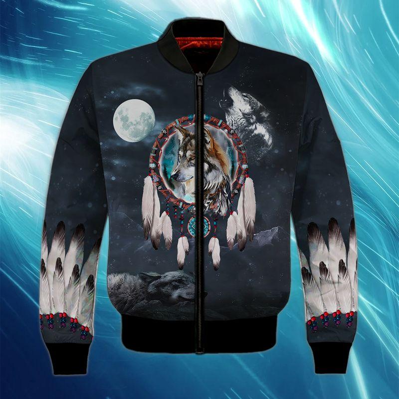 Native American Wolf Under The Moonlight 3D Bomber