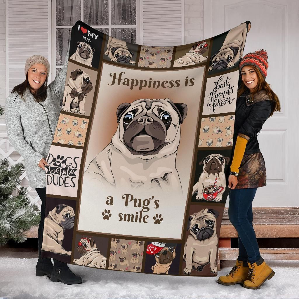 Pug Blanket Happiness Is A Pug’S Smile, Christmas Gift, Dog Lover Blanket