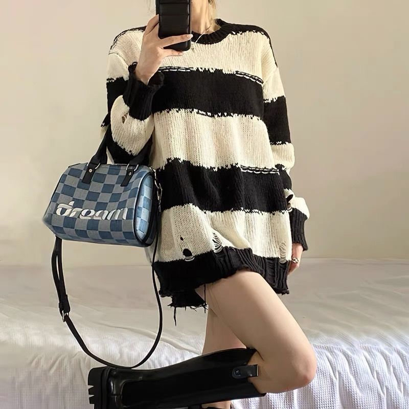 Women’s Spring/autumn Retro Striped Lazy Style Loose Long Sleeve Thin Pullover Sweater 2021 Round Neck Chic Hollow Knitted Top alx