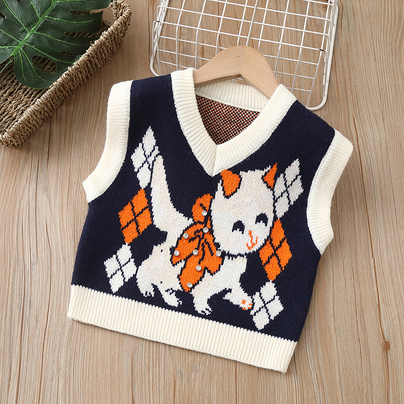 Children’s Cat Jacquard Sweater Vest 2022 Autumn New Boys Girls Animals Vest Baby Pullovers Tops Kid Jacket Soft V-neck Knitwear alx