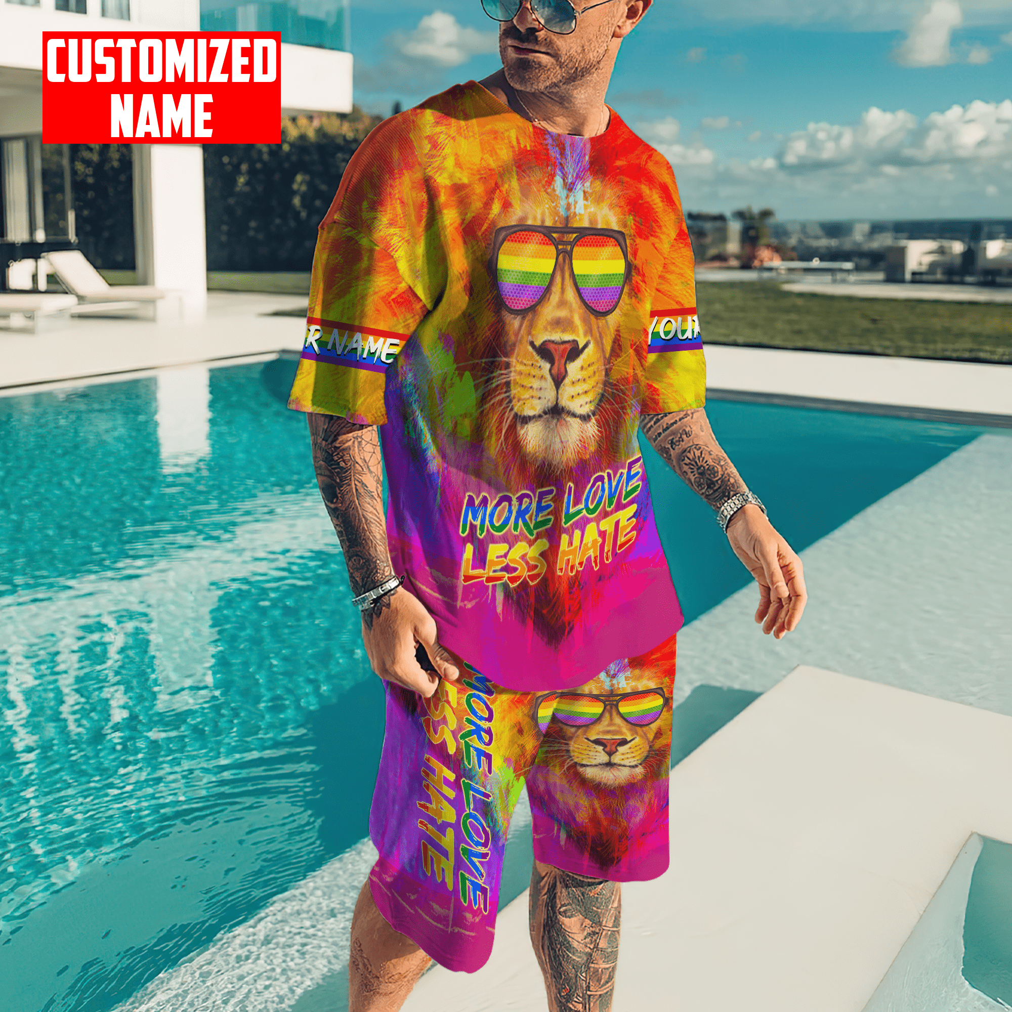 Tmarc Tee Personalized Lgbt Lion More Love Less Hate Pride 2022 3D Printed Combo T-Shirt + Board Shorts