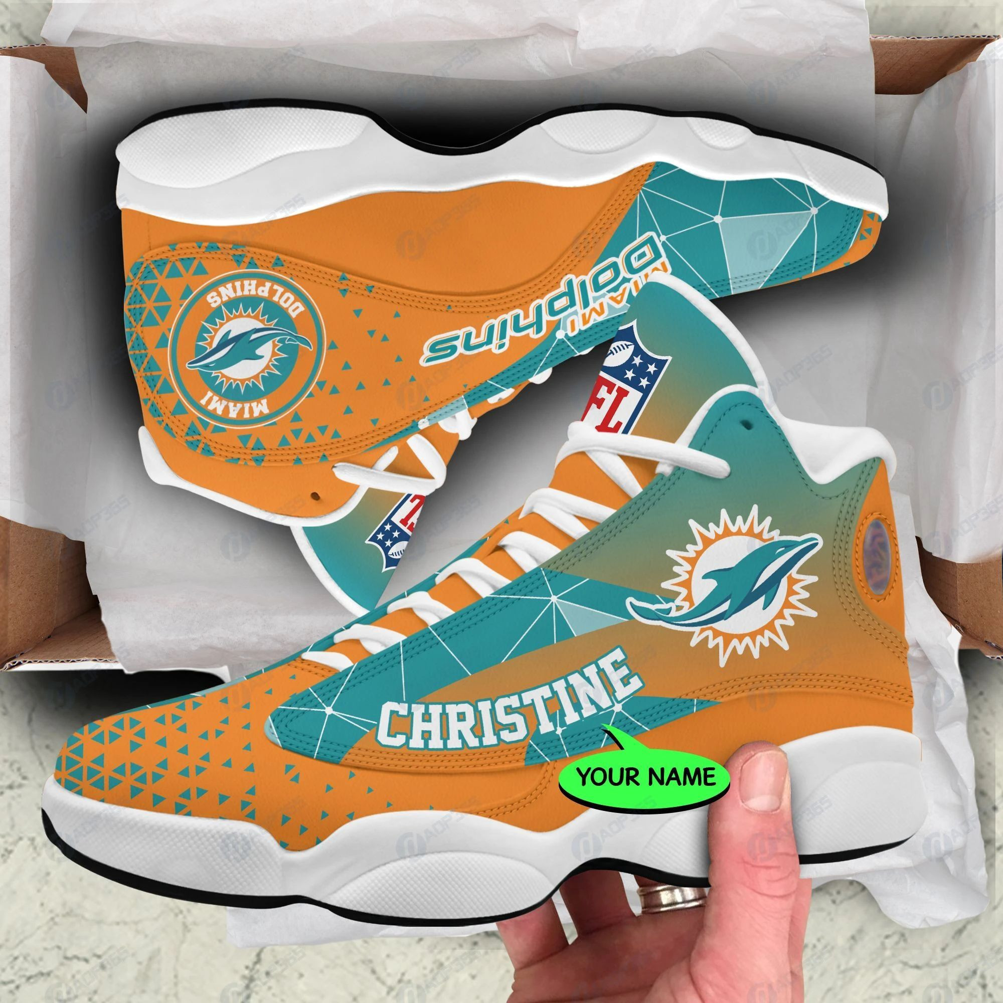 Personalized Miami Dolphins Triangle Teal Orange Air Jordan 13 Printing Shoes Sneaker