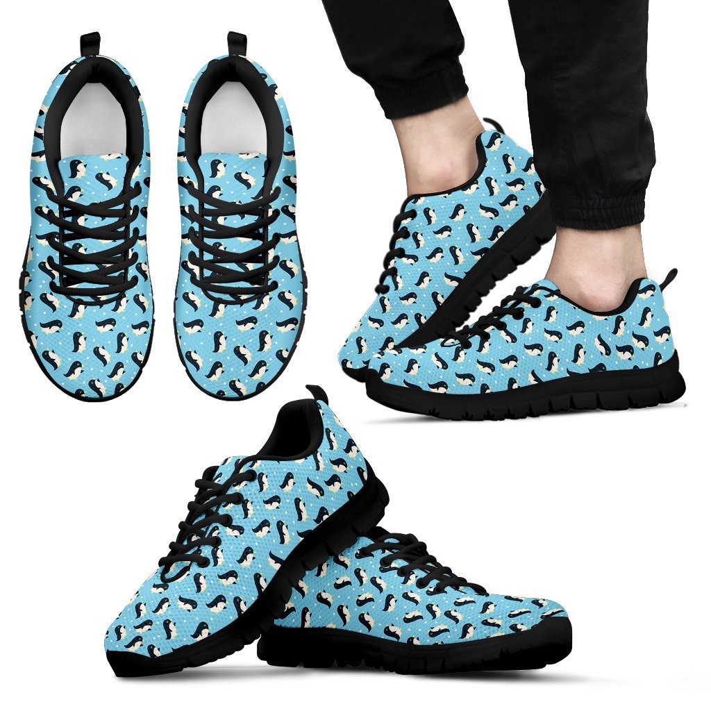 Snow Polka Dot Penguin Pattern Print Black Sneaker Shoes For Men Women