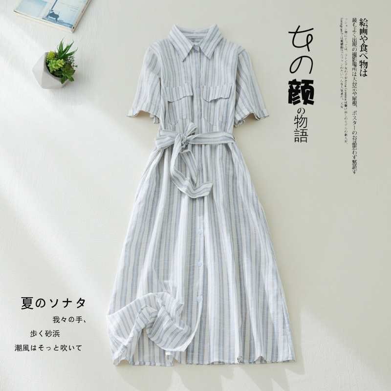 2022 New Arrival Japanese Style Soft Cotton Linen Print Striped Chic Summer Blouse Dress Sashes Women Casual Midi Dress alx