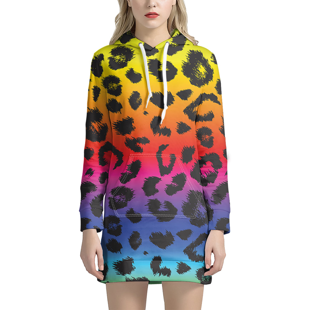 Rainbow Leopard Print Women’S Pullover Hoodie Dress