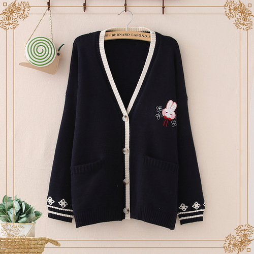 Women Long Sleeve Cardigan Coat Knitwear New Autumn Korean Mori Girl Sweet Lolita Cute Bunny Embroidery Knitted Sweater alx