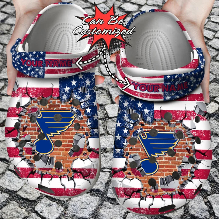 Hockey Crocss – Personalized St. Louis Blues American Flag Breaking Wall Clog Shoes