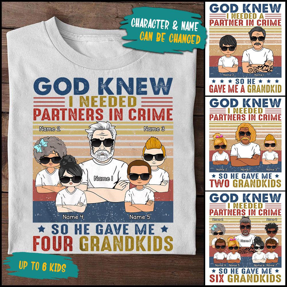 God Knew I Needed Partners In Crime So He Gave Me Grandkids Retro Vintage T Shirt Funny Grandpa Shirt Gift For Grandpa Papa