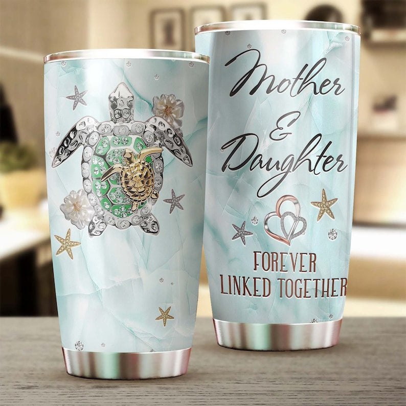 Turtle Mom And Daughter Forever Linked Mother’S Day Gift Personalized Tumbler-Turtle Present-Birthday Christmas Gift For Mom For Daughter