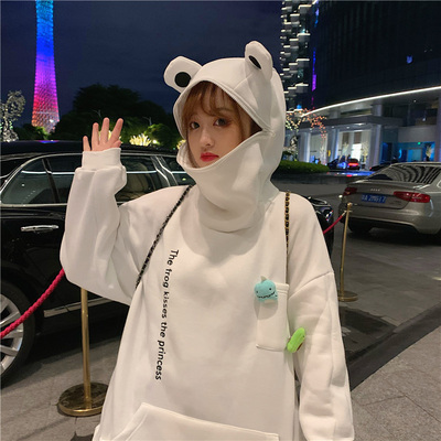 Women Winter Warm Thick Plus Velvet Harajuku Cute Frog Hoodies Sweatshirt Loose Funny Couple Top Outwear Clothes Pullovers alx