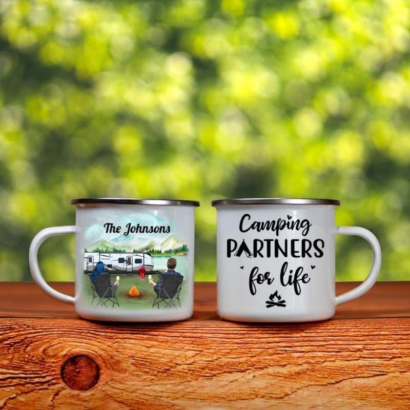 Personalized Camping Campfire mug, Best Gift For Couple – Couple Enamel Mug – Camping partners for life