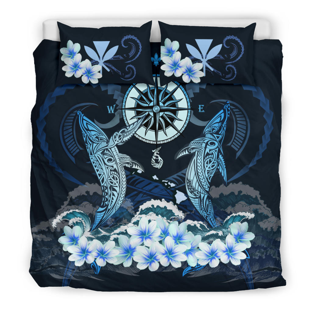 Alohawaii Bedding Set – Cover And Pillow Cases Hawaii – Shark Polynesia Compass Plumeria Blue A24