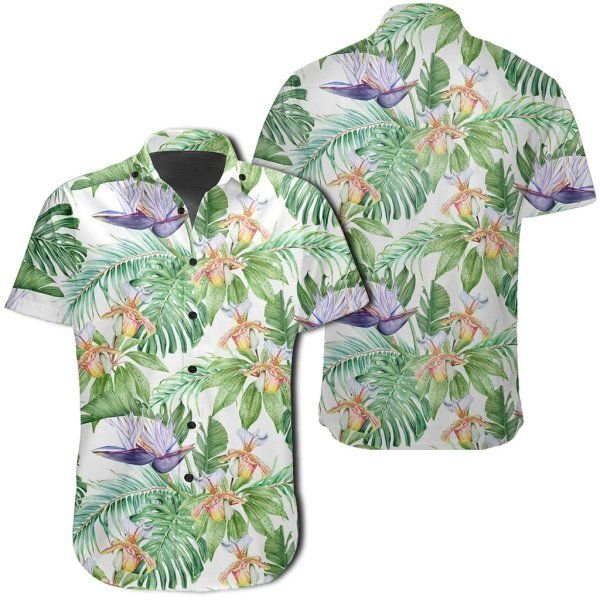 Tropical Orange Orchids Strelitzia Monstera Hawaiian Shirt