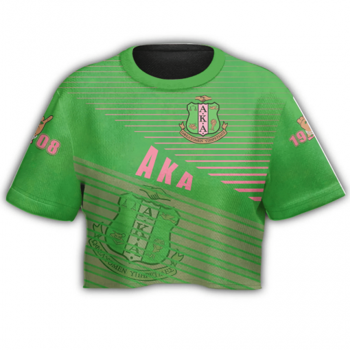 Alpha Kappa Alpha Aka Emblem Striped Pattern Green Crop Top T Shirt