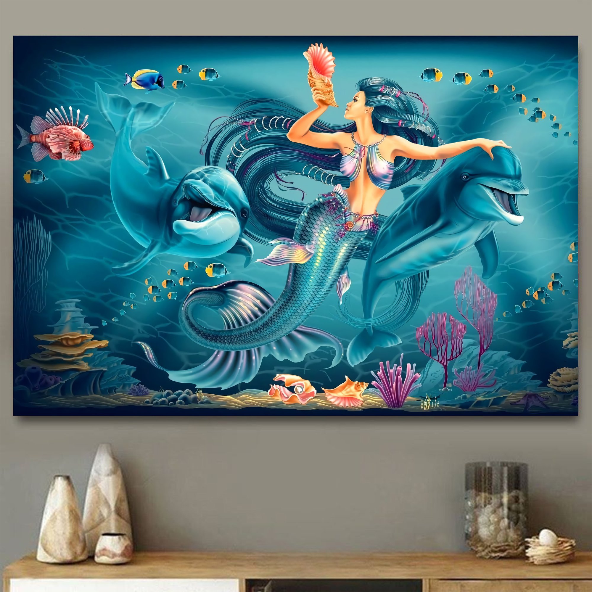 Mermaid And Dolphins Landscape Poster Canvas, Warm Home Decor Wall Art Visual Art