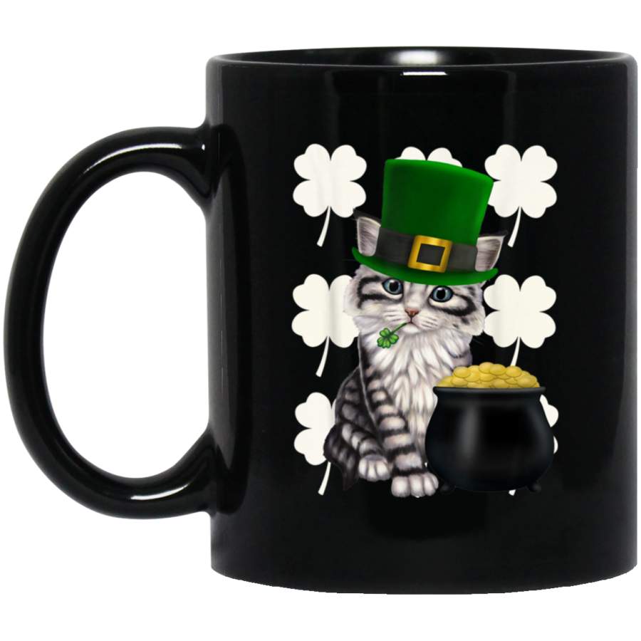 Kitten St Patricks day Mug with four leaf clovers