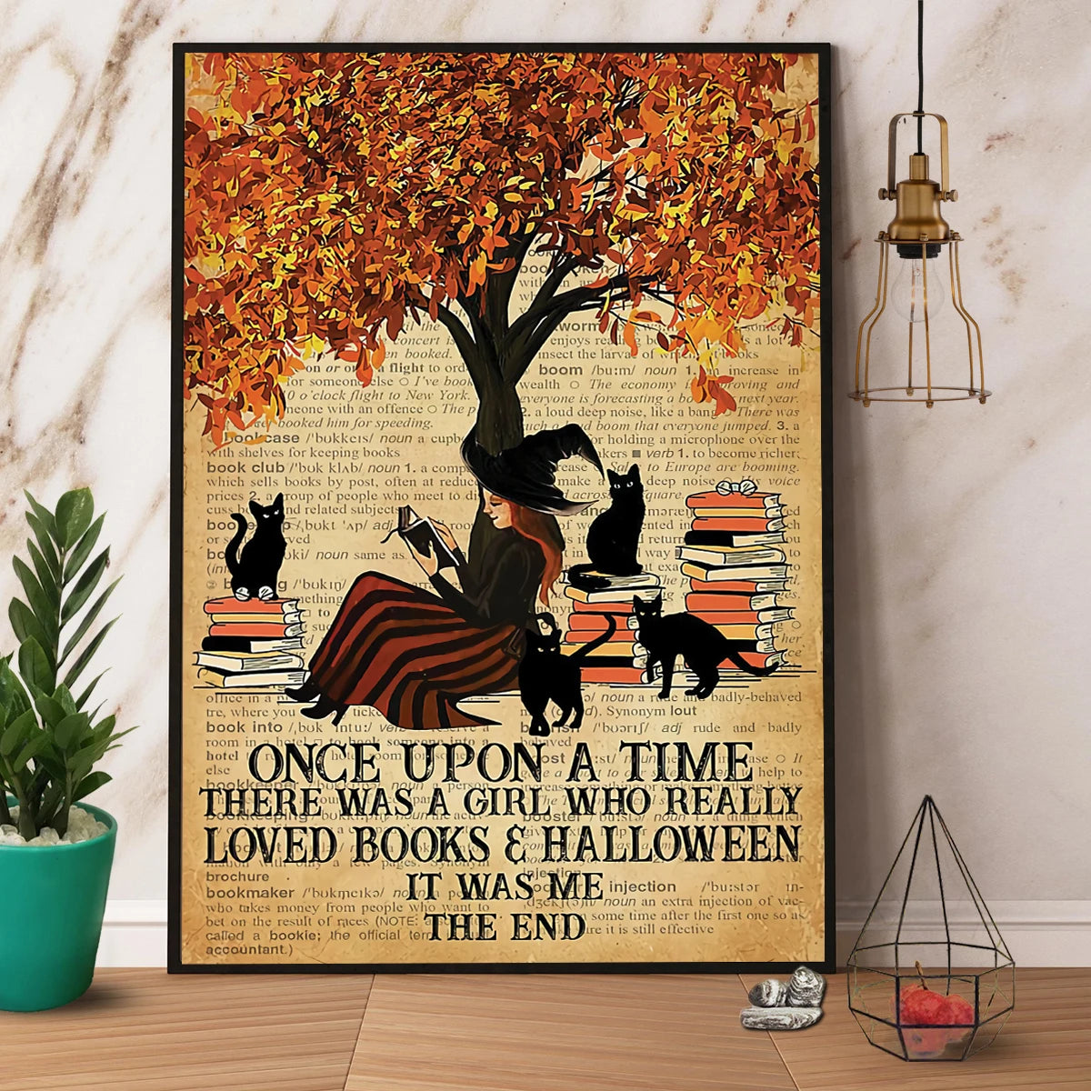 Fall Tree Reading Witch & Cat A Girl Loved Books & Halloween Canvas Poster Wall Art Decor