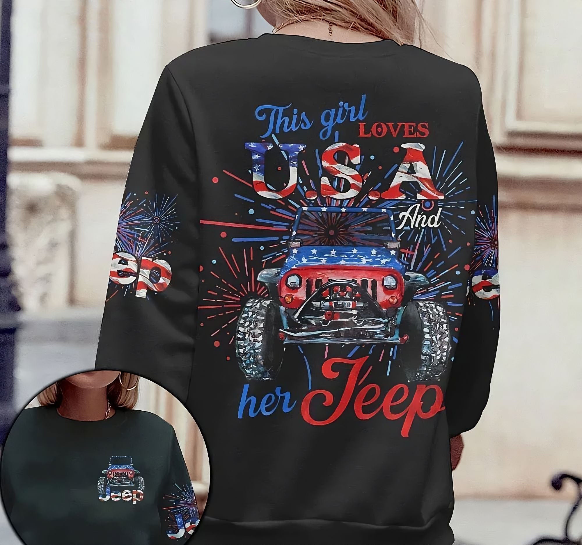 This Girl Loves Usa And Her Jeep Black All Over Print Sweatshirt