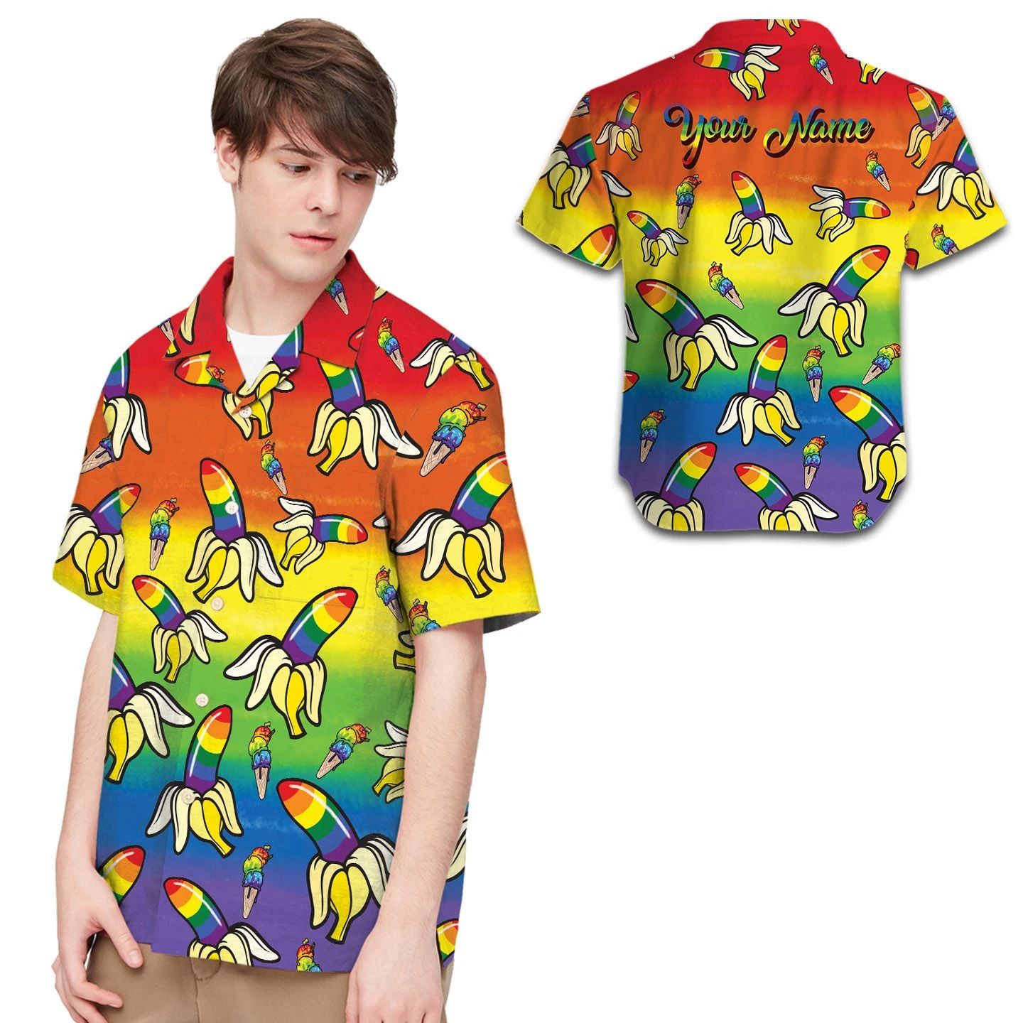 Rainbow Banana Custom Name Men Hawaii Shirt For Lgbt Community Ha56809