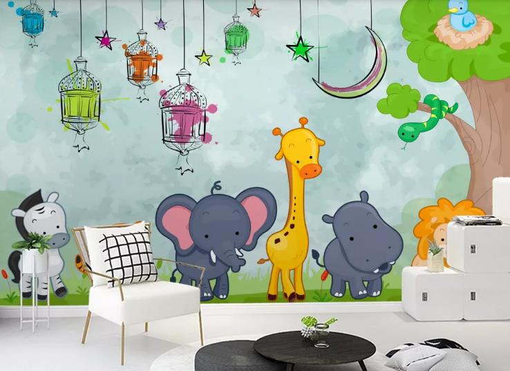 3D Cartoon Forest Animal Elephant Giraffe Zebra Wall Mural Wallpaper Lqh 178