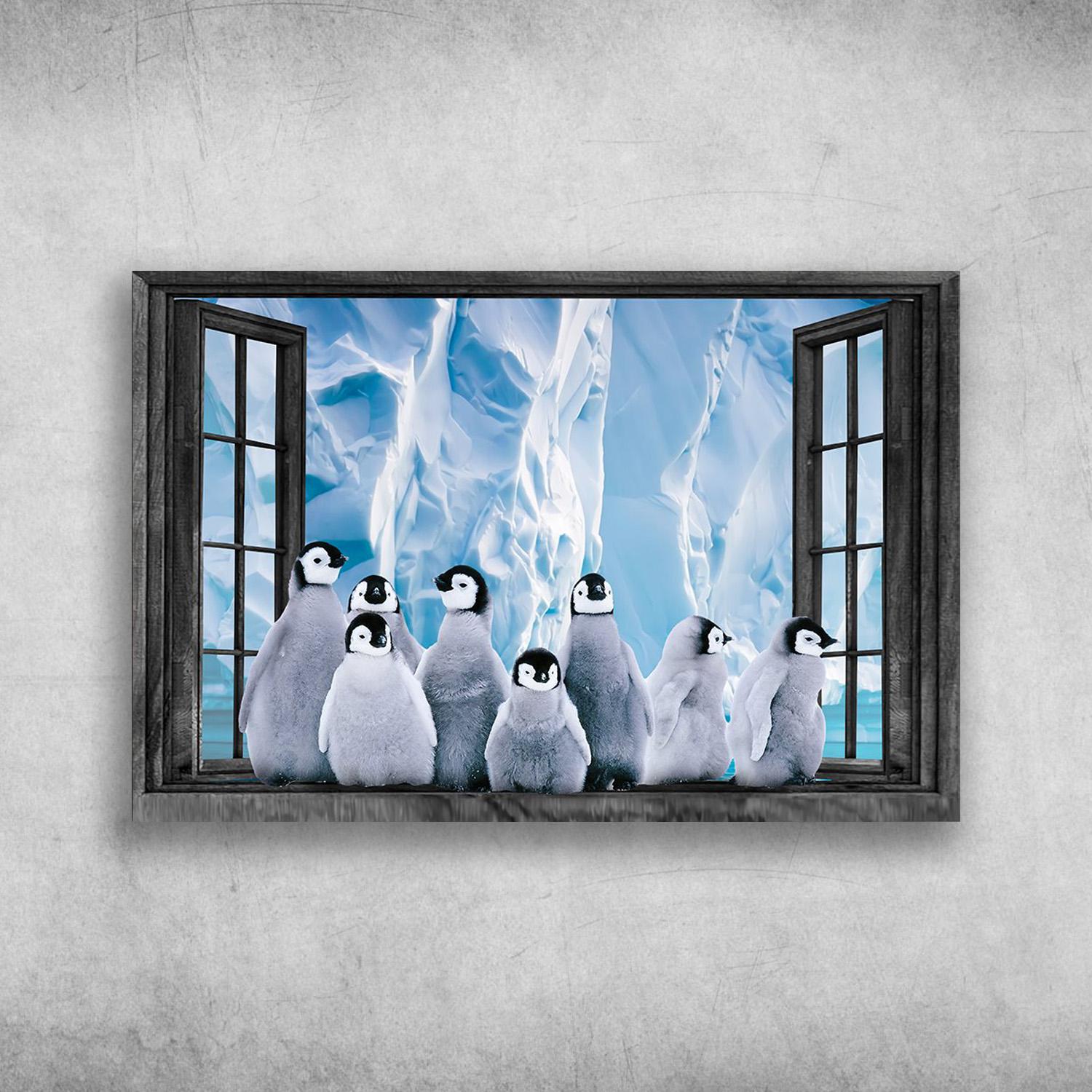 Baby Penguins Outside The Window Poster Print, Canvas Print, Canvas Wall Art, Canvas And Poster Wall Decor