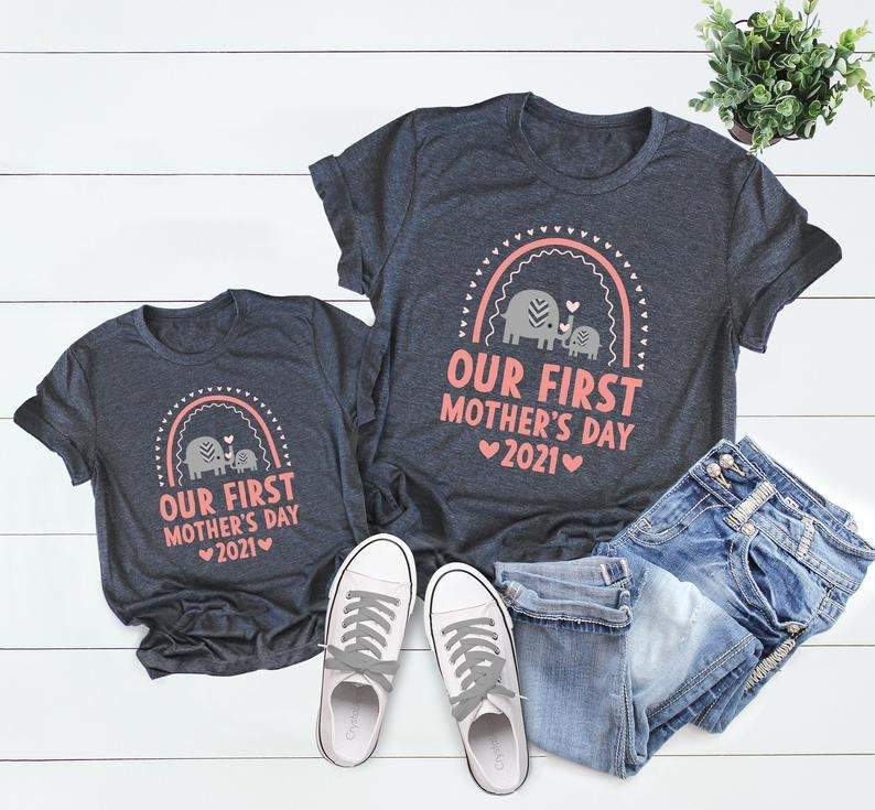 First Mother’S Day Shirts, Elephant Matching Mom And Baby Shirt And Bodysuit Set, Our First Mothers Day Matching Shirt, Mothers Day T-Shirt