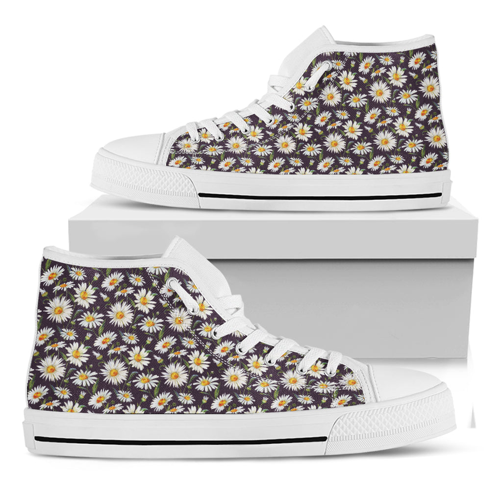 Watercolor White Daisy Pattern Print White High Top Shoes