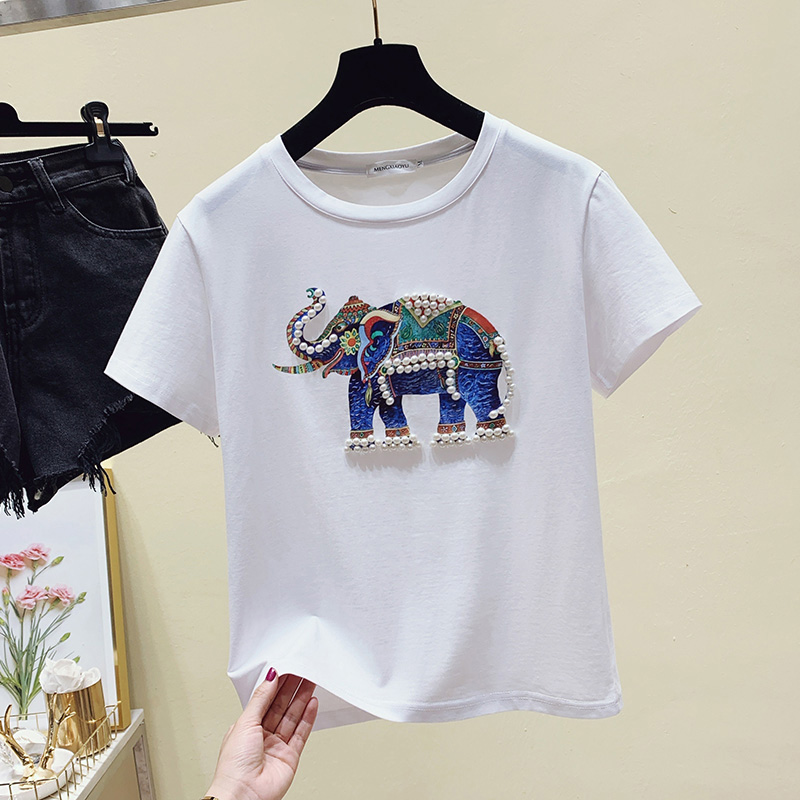 New Fashion Elephant Beading Print TShirt Summer Short Sleeve Women Top White Tees Cotton Korean Style T-shirt Female Clothes alx