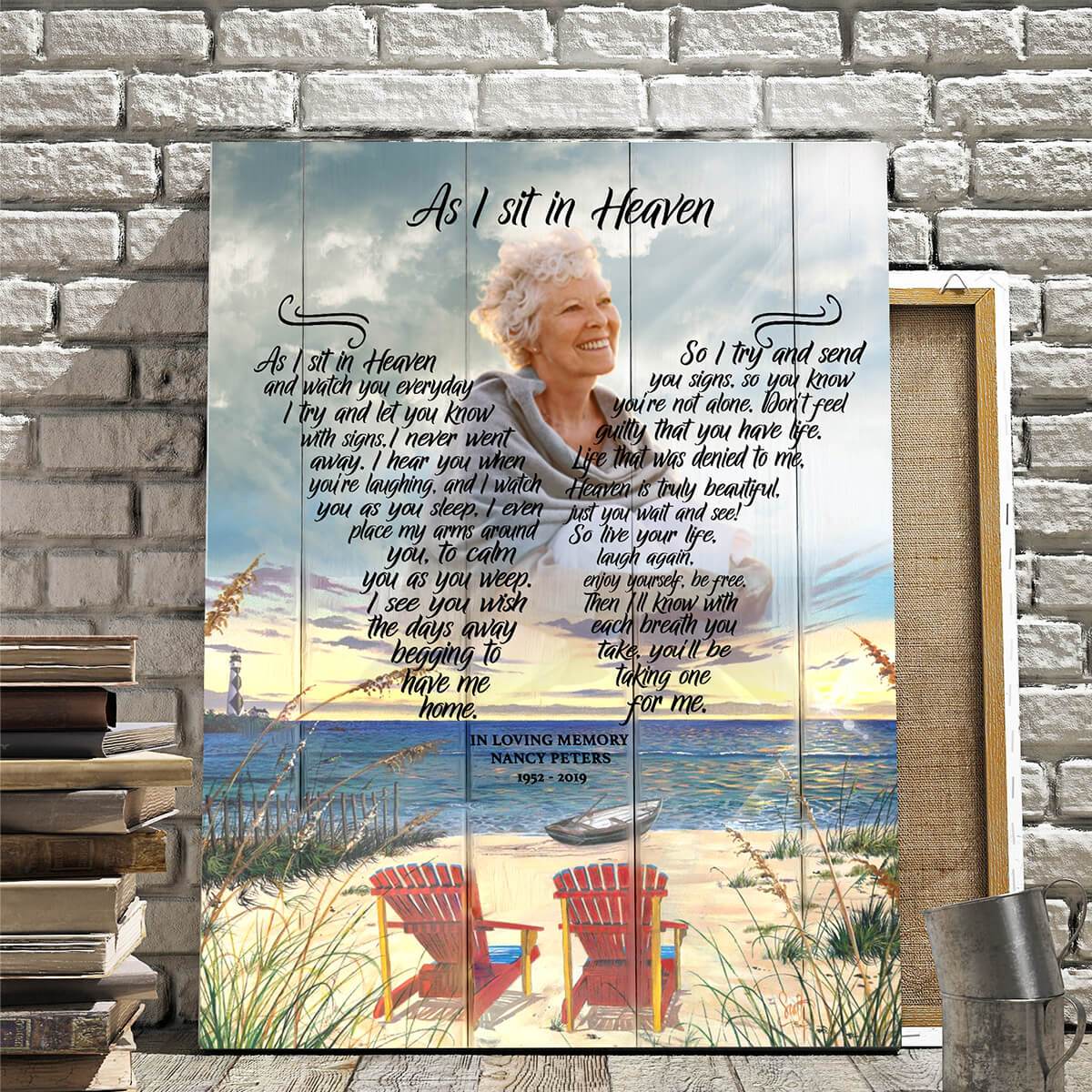 As I Sit In Heaven Beach Chair Background, Personalized Photo Memorial Poster Canvas, Gif For Family Gift Warm Home Decor Wall Art Visual Art