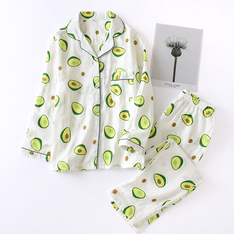 2Pcs Ladies Pajamas Set For Women Cotton Cartoon Avocado Printed Sleep Wear Female Shirt+Pants Comfort Fresh And Nature Pijamas alx