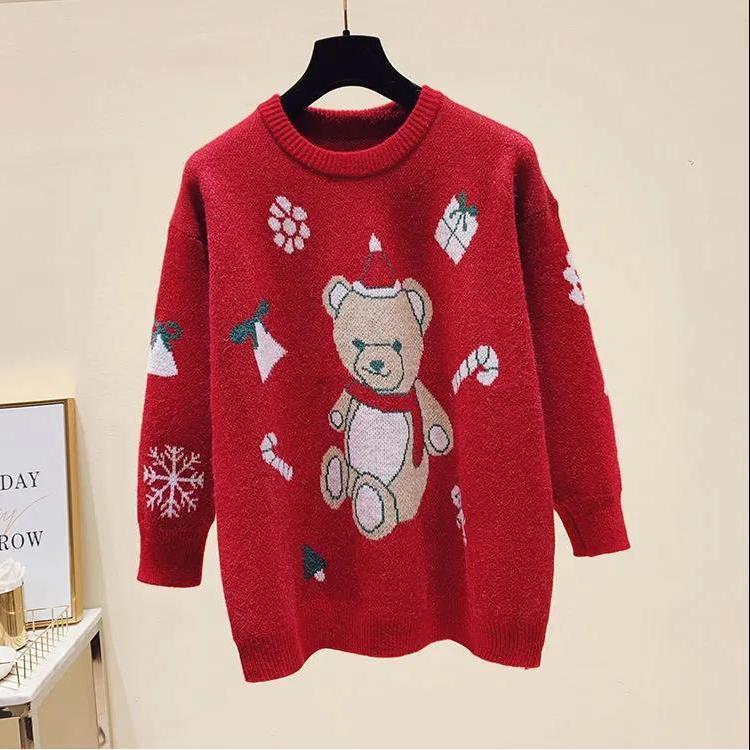 Autumn and winter 2022 new red jacquard bear Christmas sweater women’s loose outer wear lazy wind knitted bottoming shirt alx