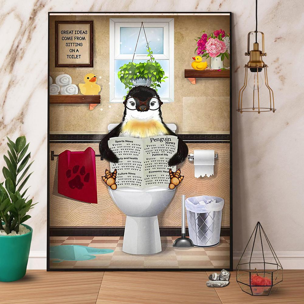 Penguin Sitting On Toilet And Reading A Newspaper Paper Poster No Frame  Matte Canvas Wall Decor