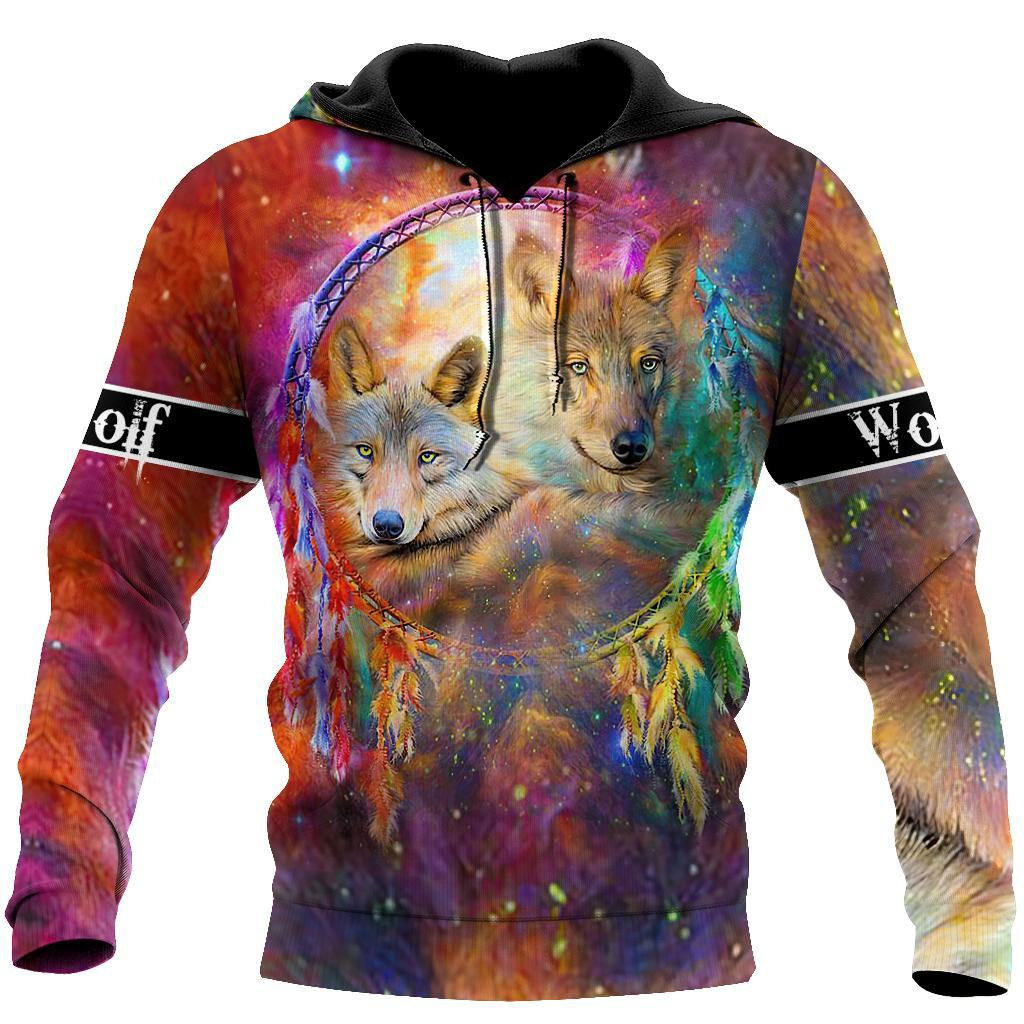Wolf Couple Galaxy Native America All Over Printed Hoodie