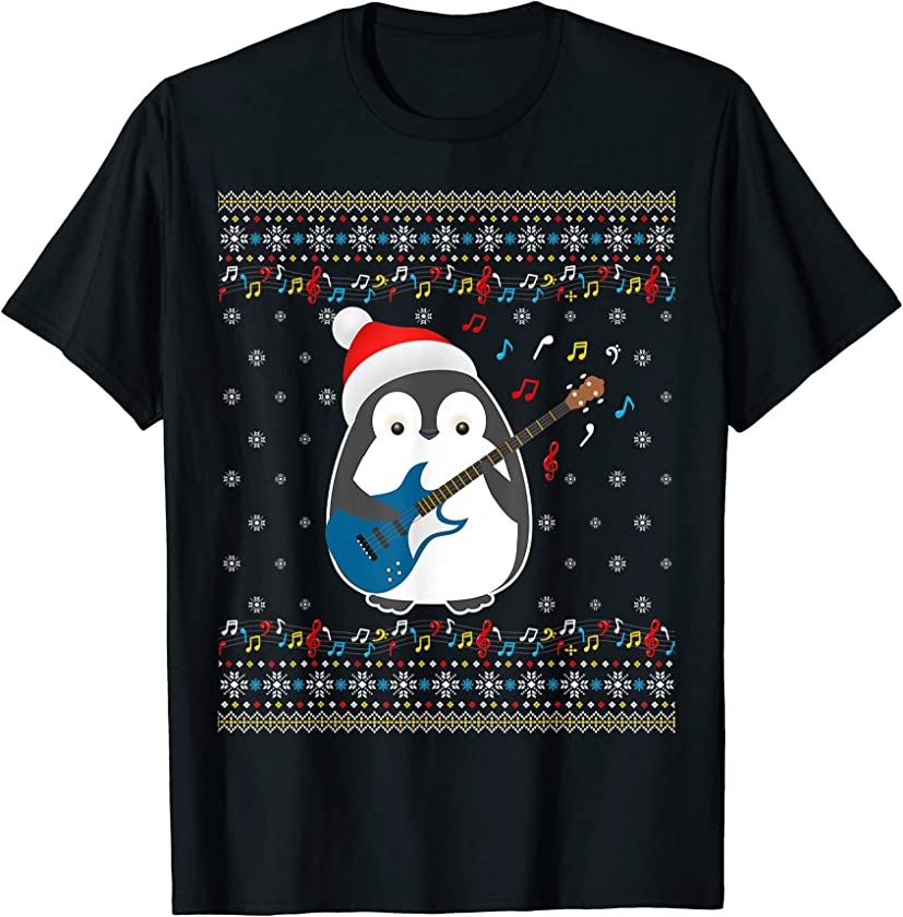 Christmas 2021 Ugly Xmas Family Matching Penguin Guitar T-Shirt