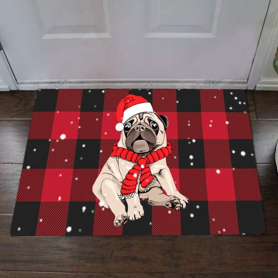 Pug Dog Christmas Buffalo Plaid Doormat Outdoor Christmas Rug Cute Front Door Mat