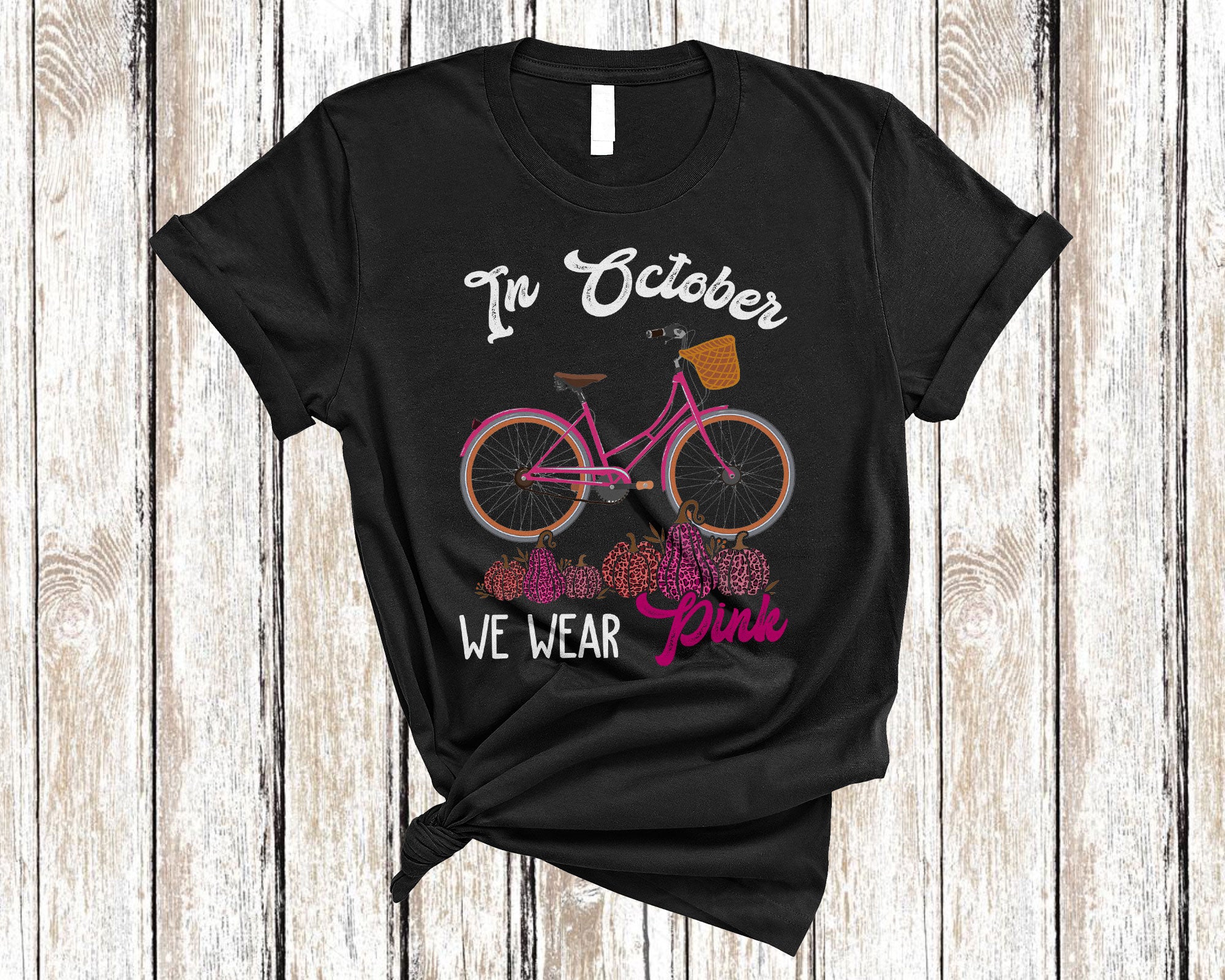 We Wear Pink In October Cute Breast Cancer Awareness Bicycle Pink Pumpkin Leopard T-Shirt