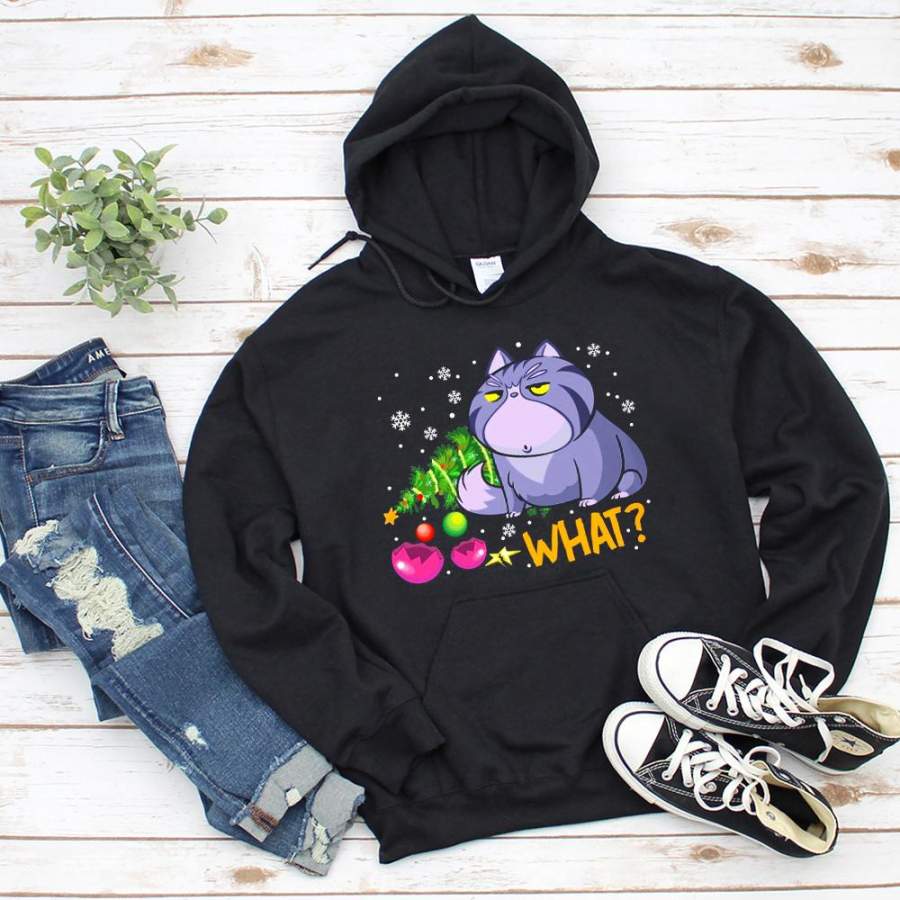 Funny cat what christmas snow winter christmas tree merry christmas black hoodie for men and women S-5XL