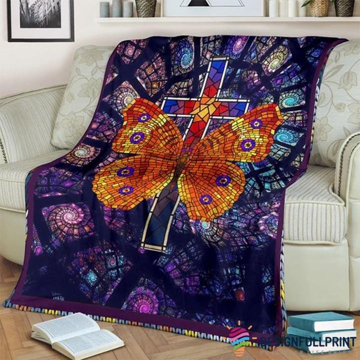 Gift For Christian Colorful Butterfly Church Stained Glass Christian Jesus Cross Blanket Quilt Blanket Hg