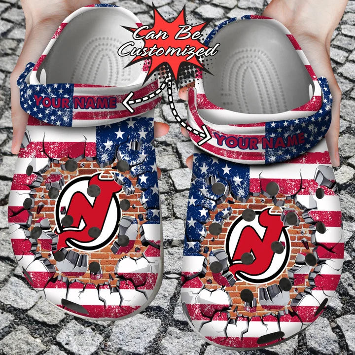 Hockey Crocss – Personalized Nj Devils American Flag Breaking Wall Clog Shoes