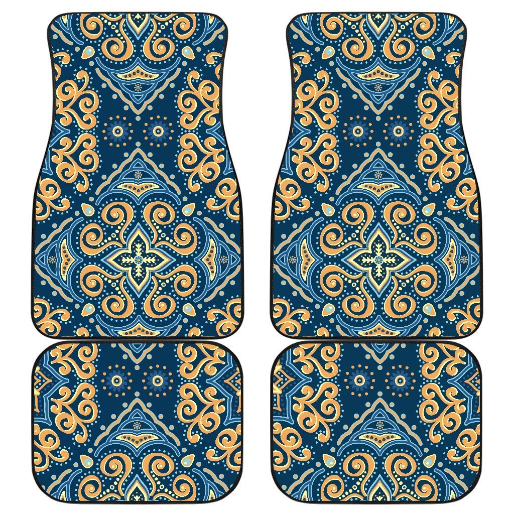 Blue And Gold Bohemian Mandala Print Front And Back Car Floor Mats, Front Car Mat