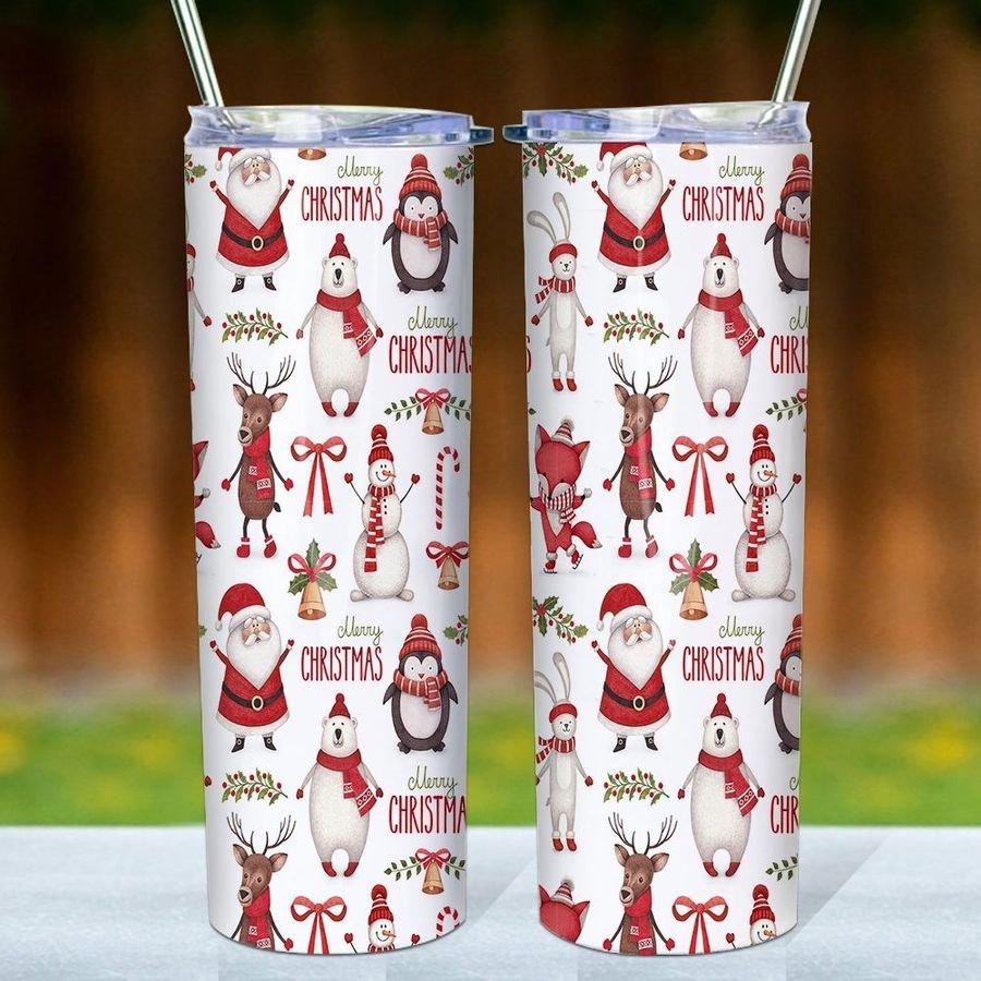 Santa Claus And Christmas Animals Skinny Tumbler, Christmas, Animal Lovers Skinny Tumbler