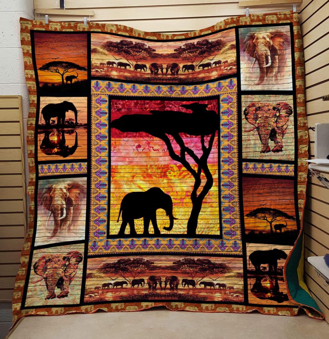 Elephants With Shadow  Quilt Blanket