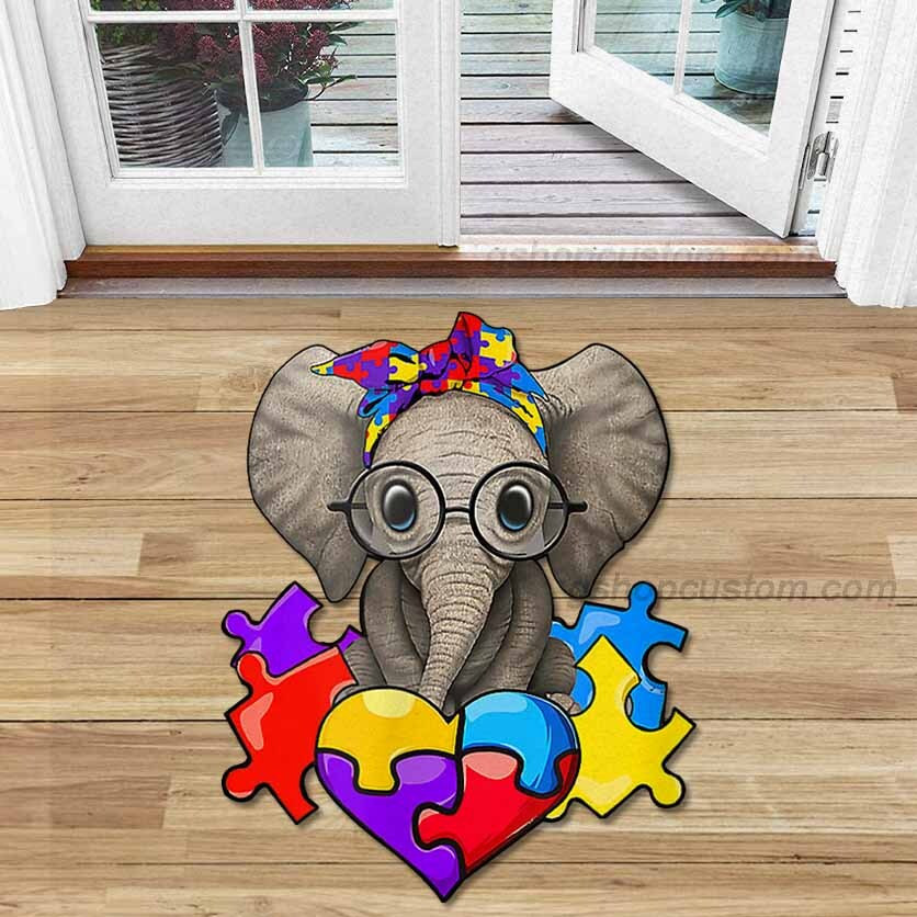 Elephant Glass Puzzel Autism Awareness Shaped Doormat Carpet – Cute Elephant Different 3D Rug Doormat Decor Home – Sdm-A0079