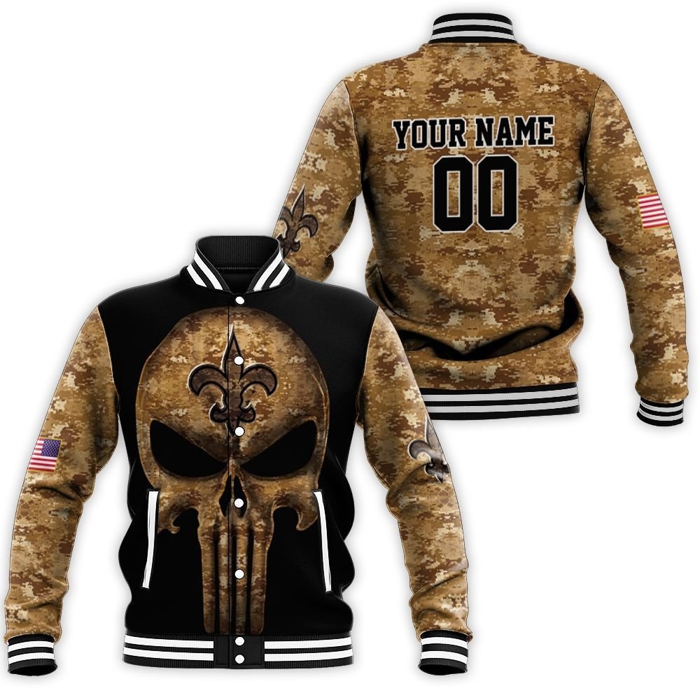 Personalized Camouflage Skull New Orleans Saints American Flag 3D Baseball Jacket