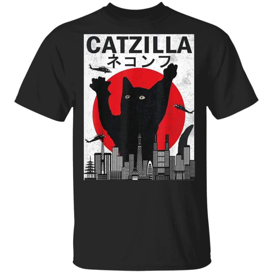 Vintage Catzilla Japanese Sunset Angry Cat Kitten Lover T-Shirt