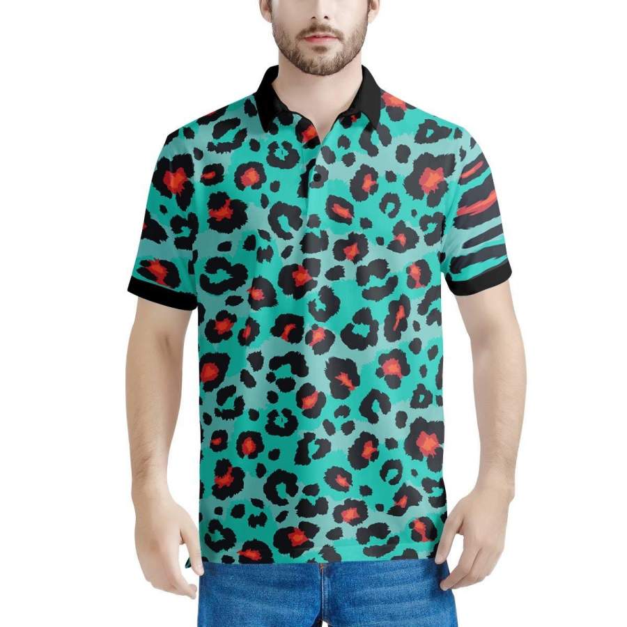 Teal Leopard Men’s Polo Shirts