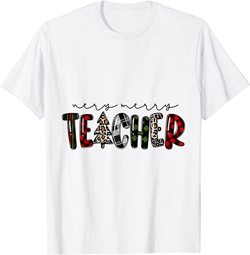 Very Merry Teacher Leopard Buffalo Plaid Christmas Pajama T-Shirt