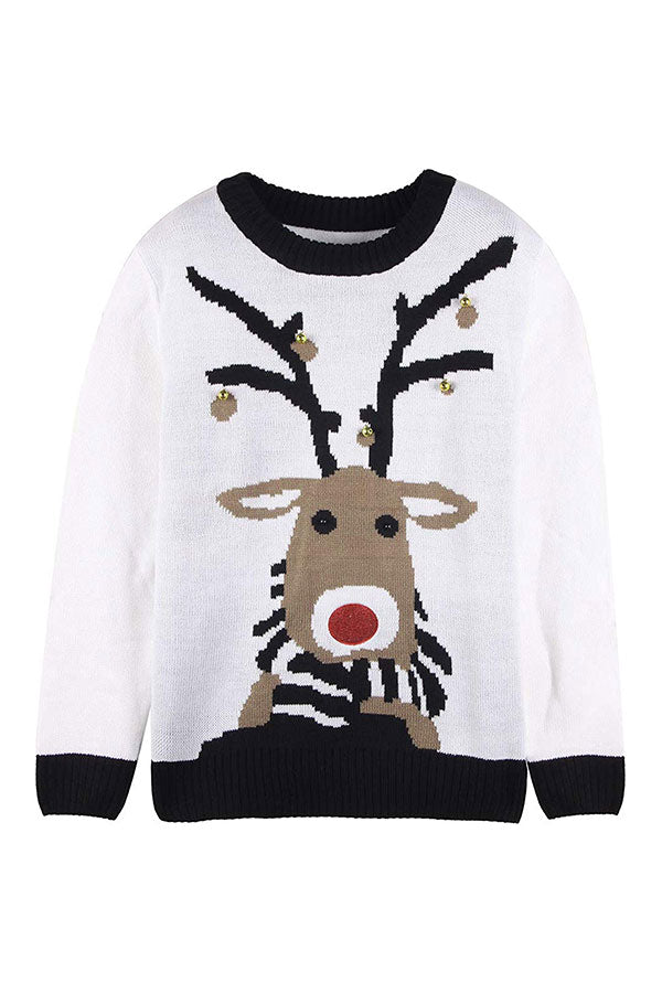 Womens Small Bell Reindeer Ugly Christmas Sweater White