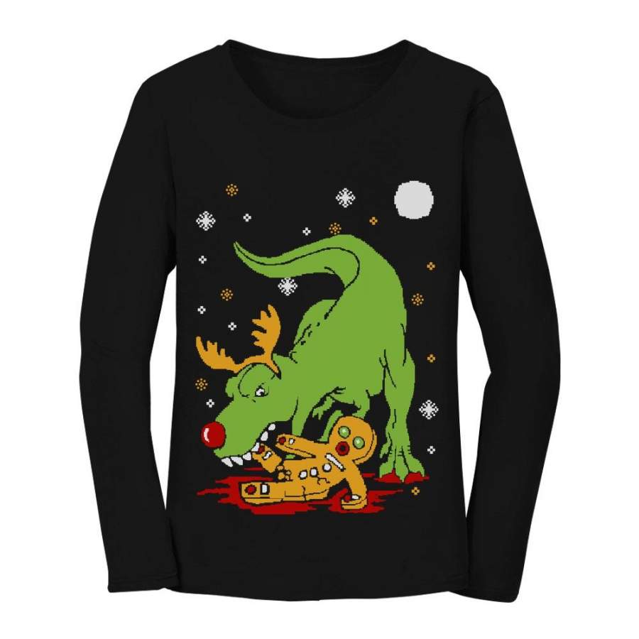 T-Rex Biting Gingerbread Ugly Christmas Women Long Sleeve T-Shirt