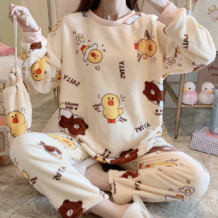 Women Homewear Sets 3PCS Warm Flannel Women Pajama Set Cute Print Girl Pyjama Set Long Sleeve Sleepwear Set Women Top Long Pant alx